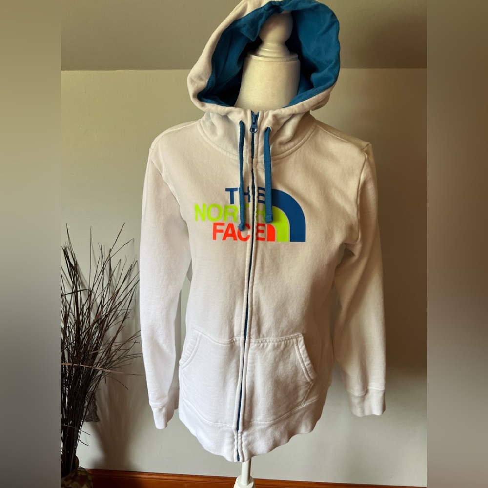The North Face White Hoodie with Blue and Neon Accents